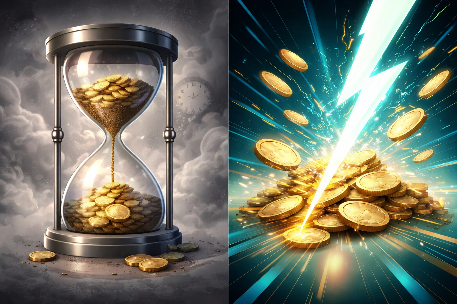 Split-screen showing delayed and instant crypto transactions, comparing CoinPayments and Larecoin for faster Web3 payment settlements.