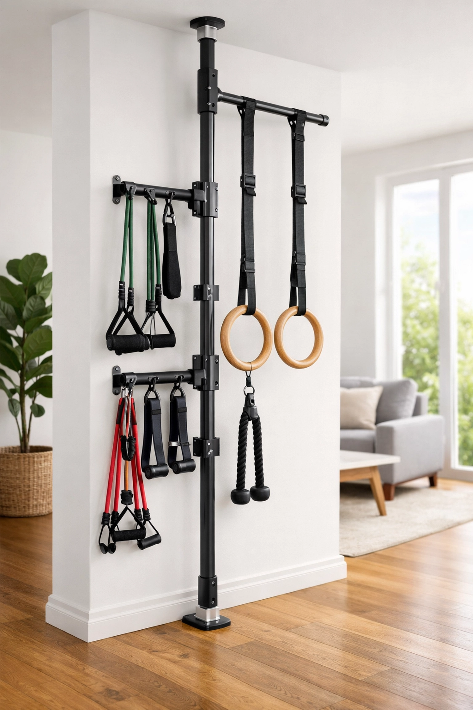 Floor to ceiling home gym setup with gymnastic rings and resistance bands in modern apartment