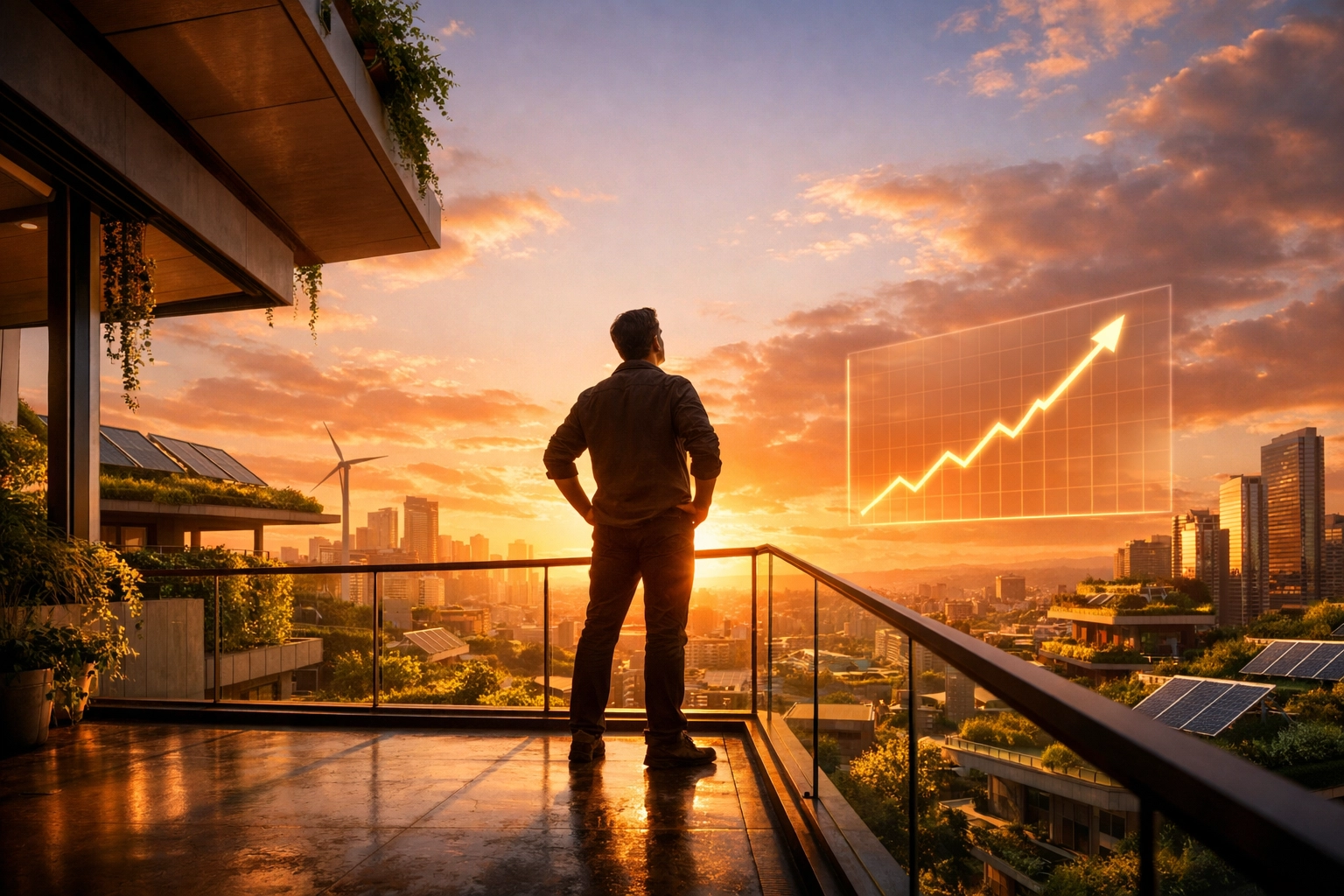 A successful individual viewing a rising credit score graph, symbolizing financial freedom and long-term stability.