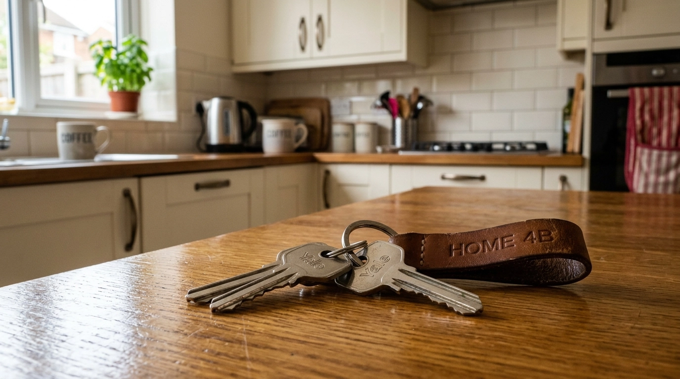 A set of silver house keys on a wooden table with a soft-focus view of a modern British kitchen in the background.