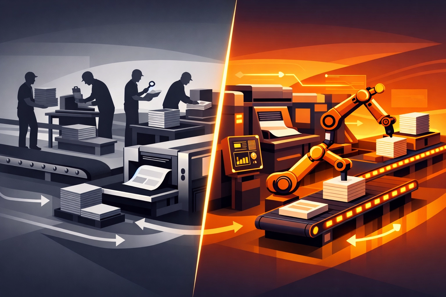Print production automation comparison showing manual processes versus automated workflow systems