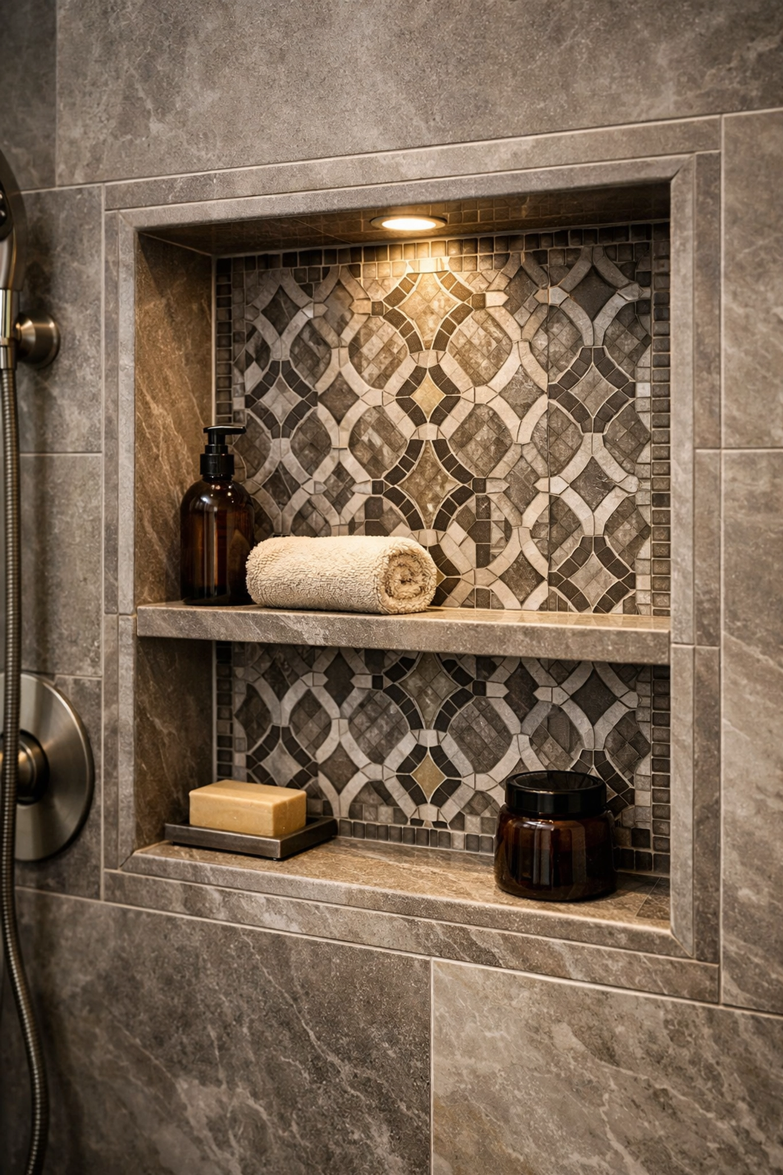 Luxury walk-in shower featuring professional mosaic tile installation and a custom recessed niche in Orlando.
