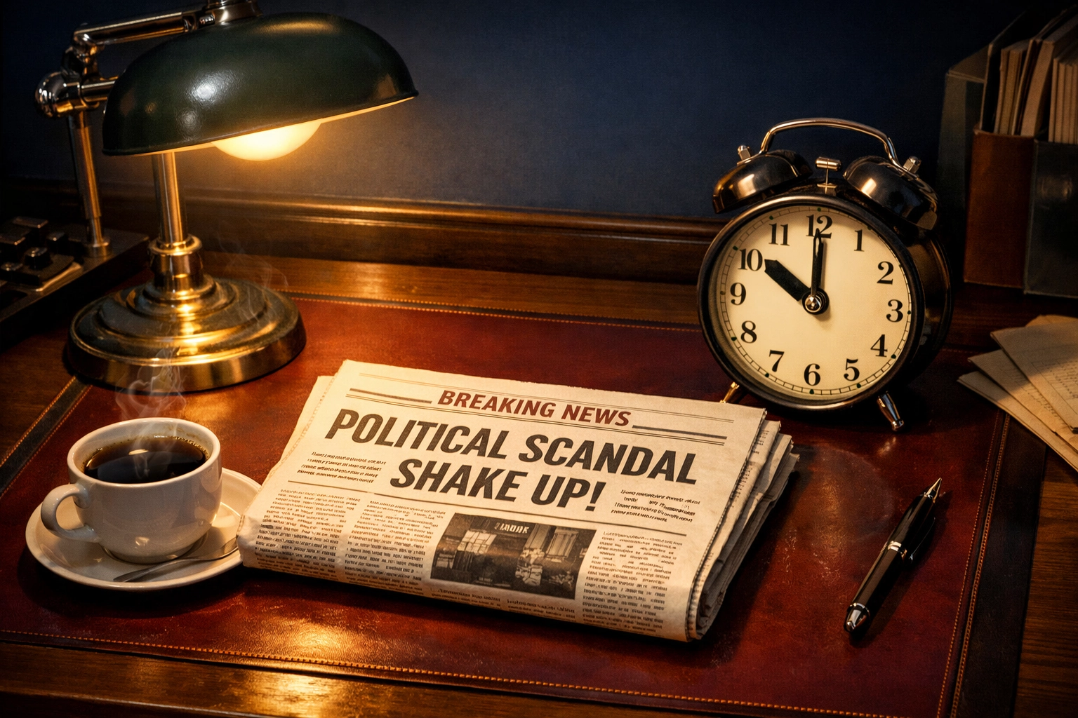Peaceful evening newsroom desk with newspaper, coffee, and clock showing 10 PM for nightly news brief