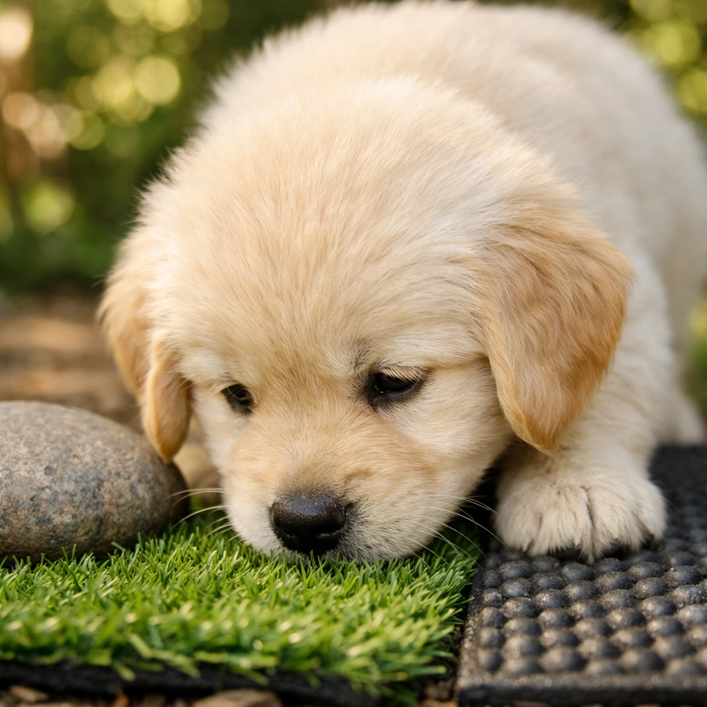 Socialized Golden Retriever puppy in Boring Oregon sniffing textures to build a calm temperament.