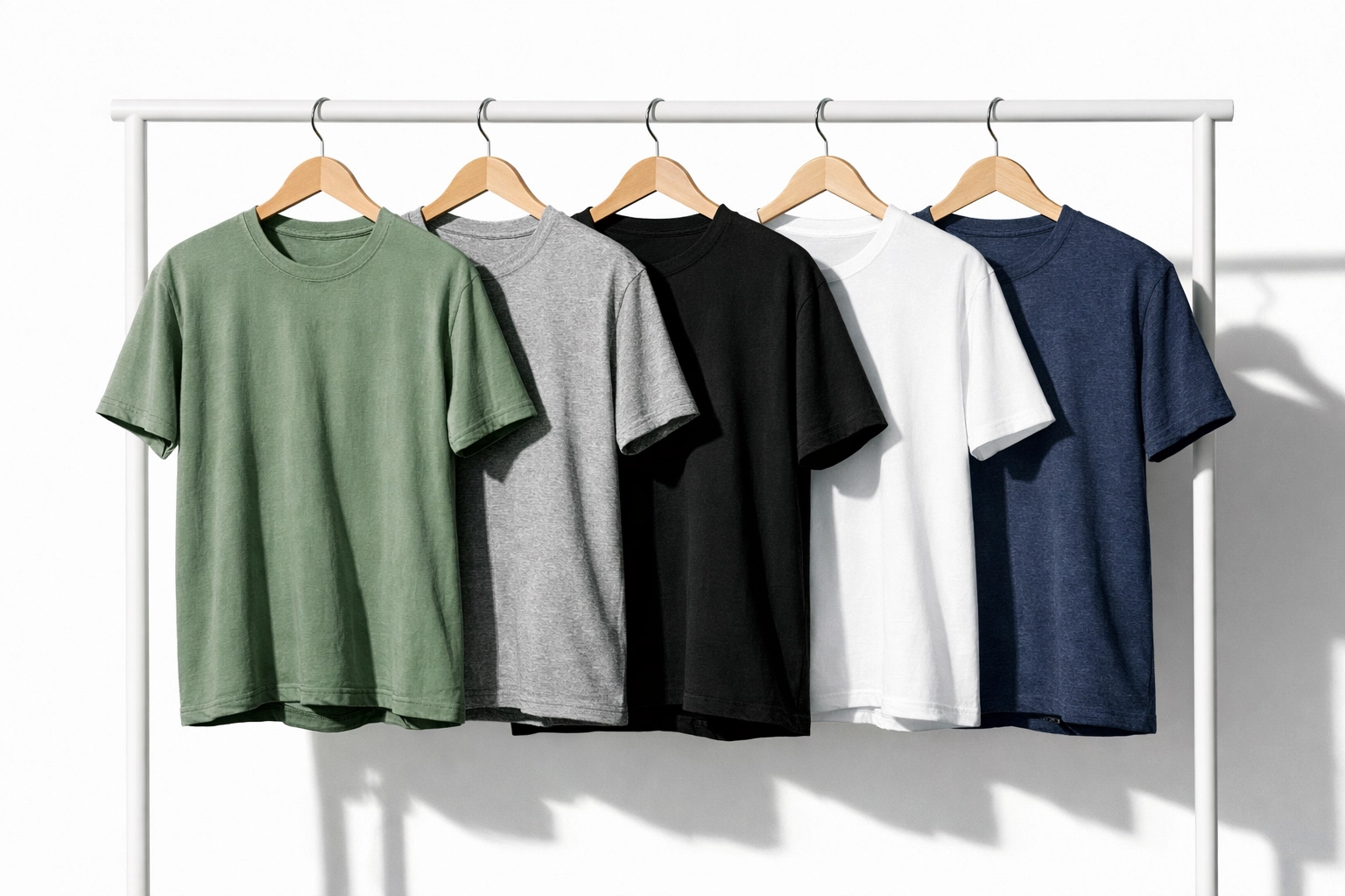 Five custom t-shirt blanks on rack showing Comfort Colors, Bella Canvas, and popular printing styles