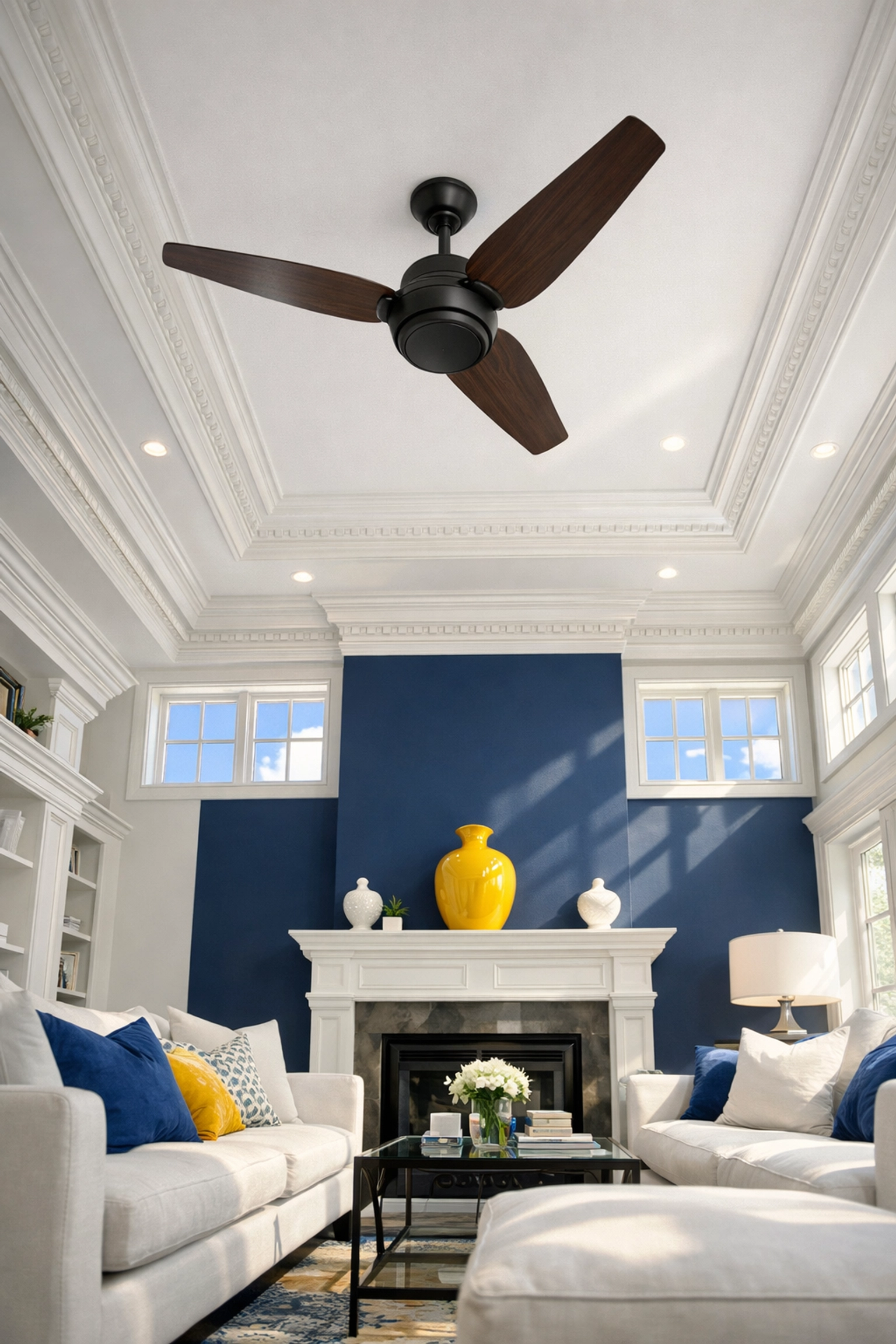 Clean Fitchburg living room with dust-free ceiling fans and crown molding using Fitchburg Deep Cleaning Secrets.