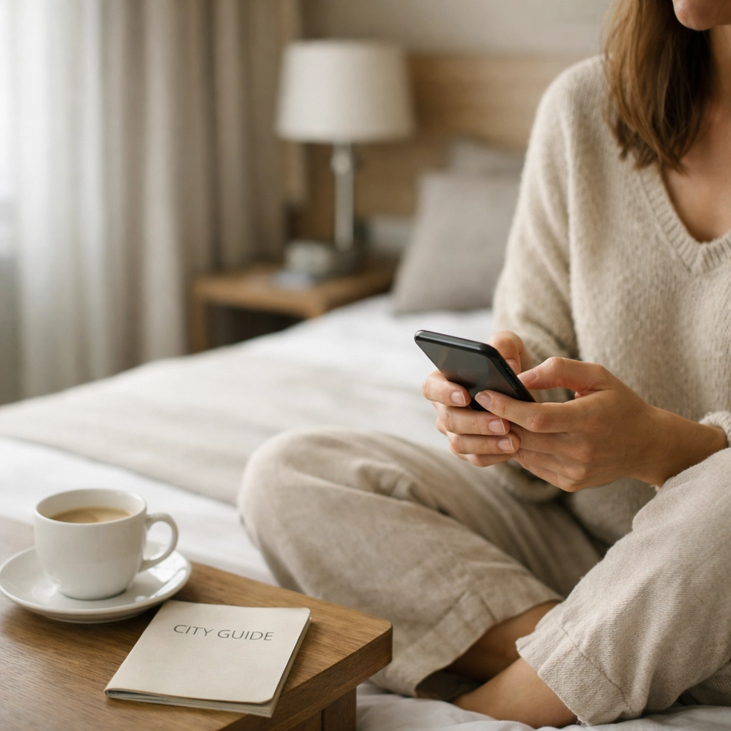 A hotel guest using a smartphone for automated messaging and easy communication through a mobile-friendly CRM.
