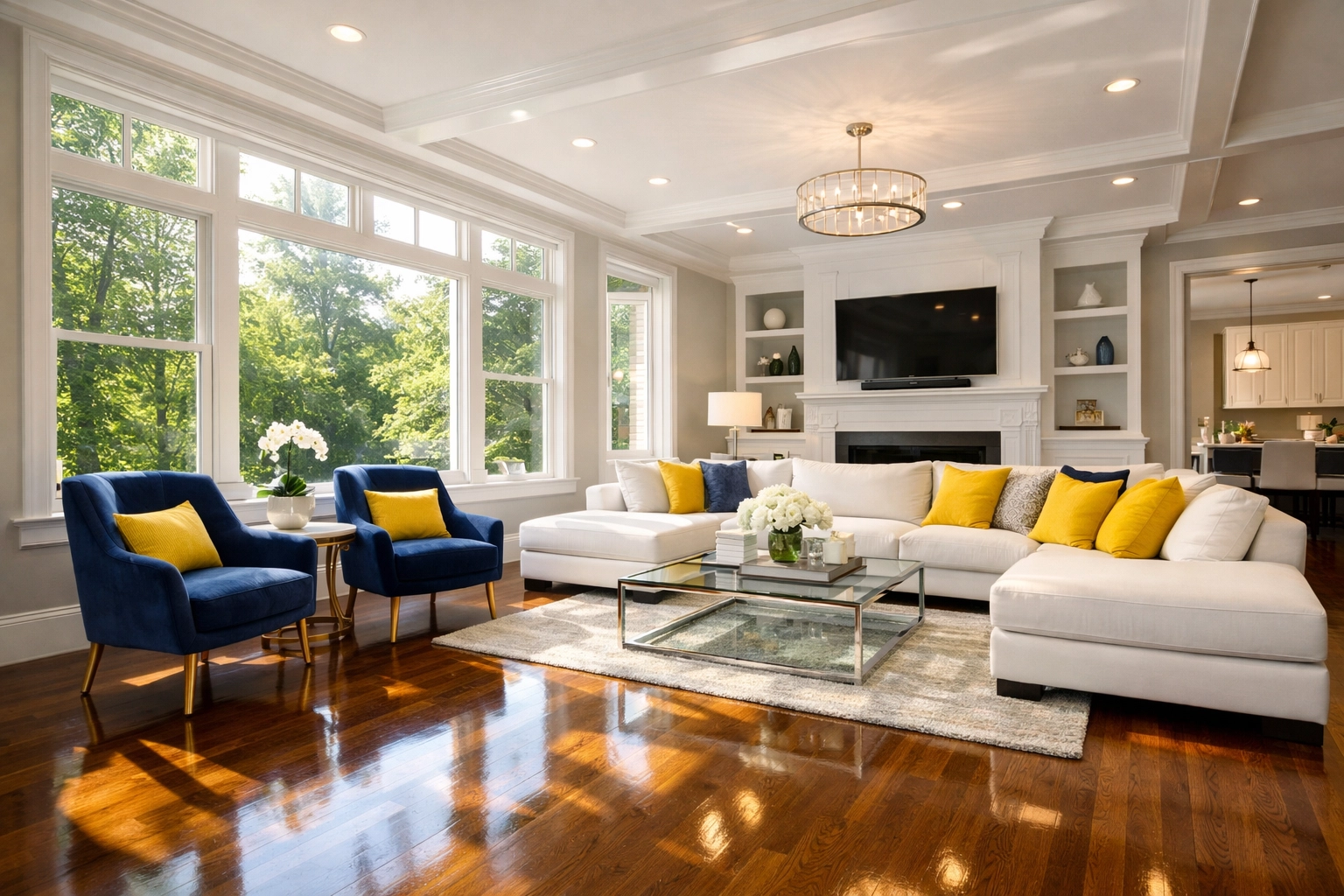 A clean, sunlit living room showing the results of professional house cleaning services in Tewksbury.