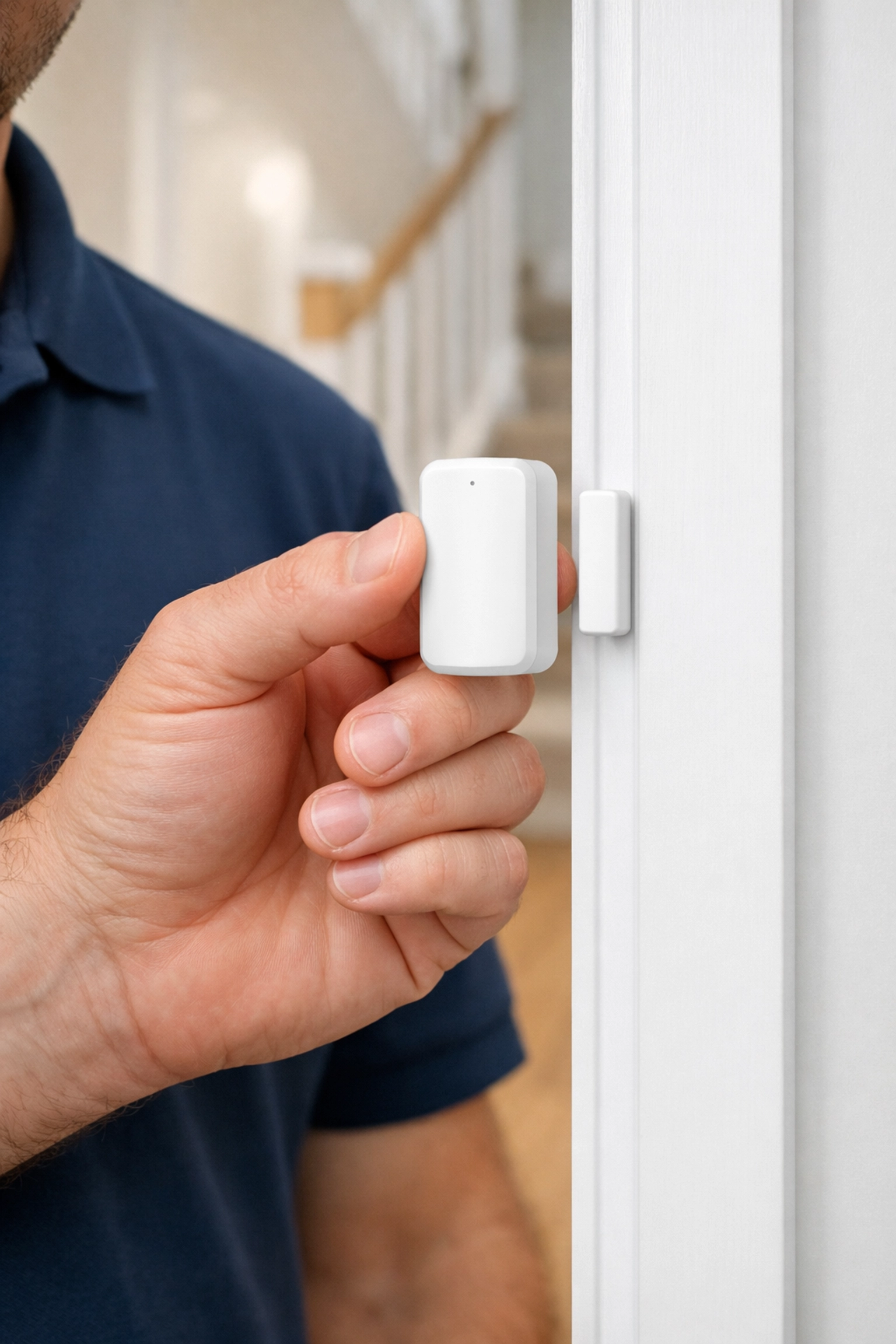 Professional installation of a wireless magnetic door sensor in a modern UK home.