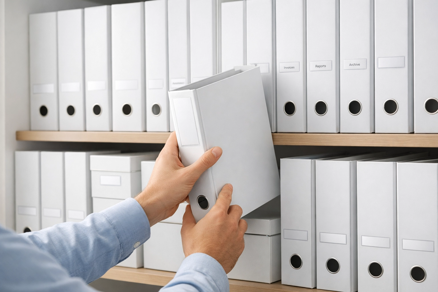 Well-organized filing system with labeled binders for nonprofit audit documentation and compliance