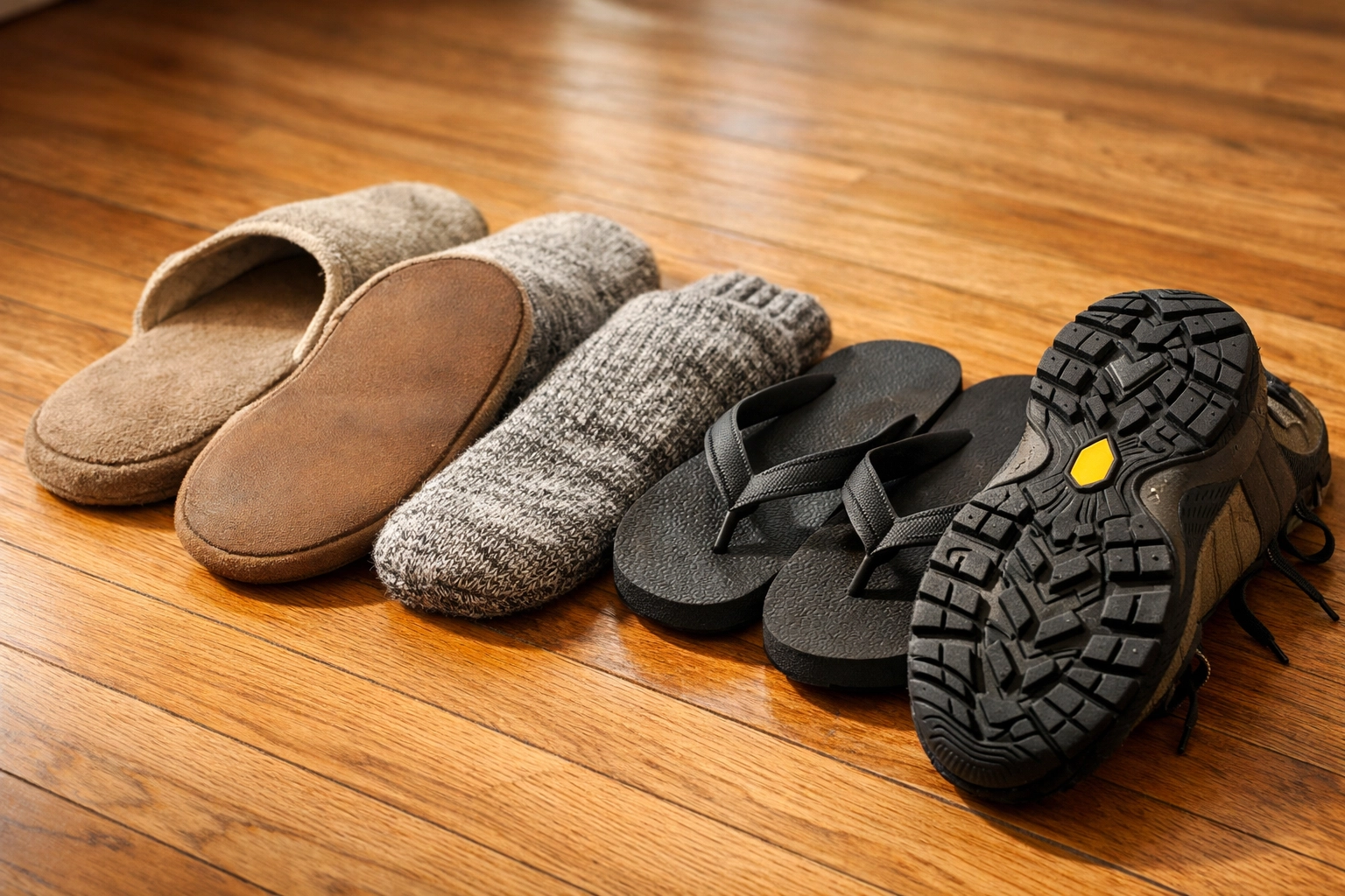 Comparison of unsafe footwear like slippers and socks versus slip-resistant shoes for fall prevention