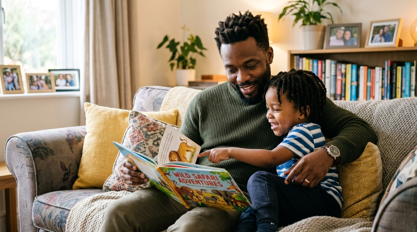 A high-quality, natural photograph of a Black father reading a picture book with his young son on a comfortable sofa in a cozy home.