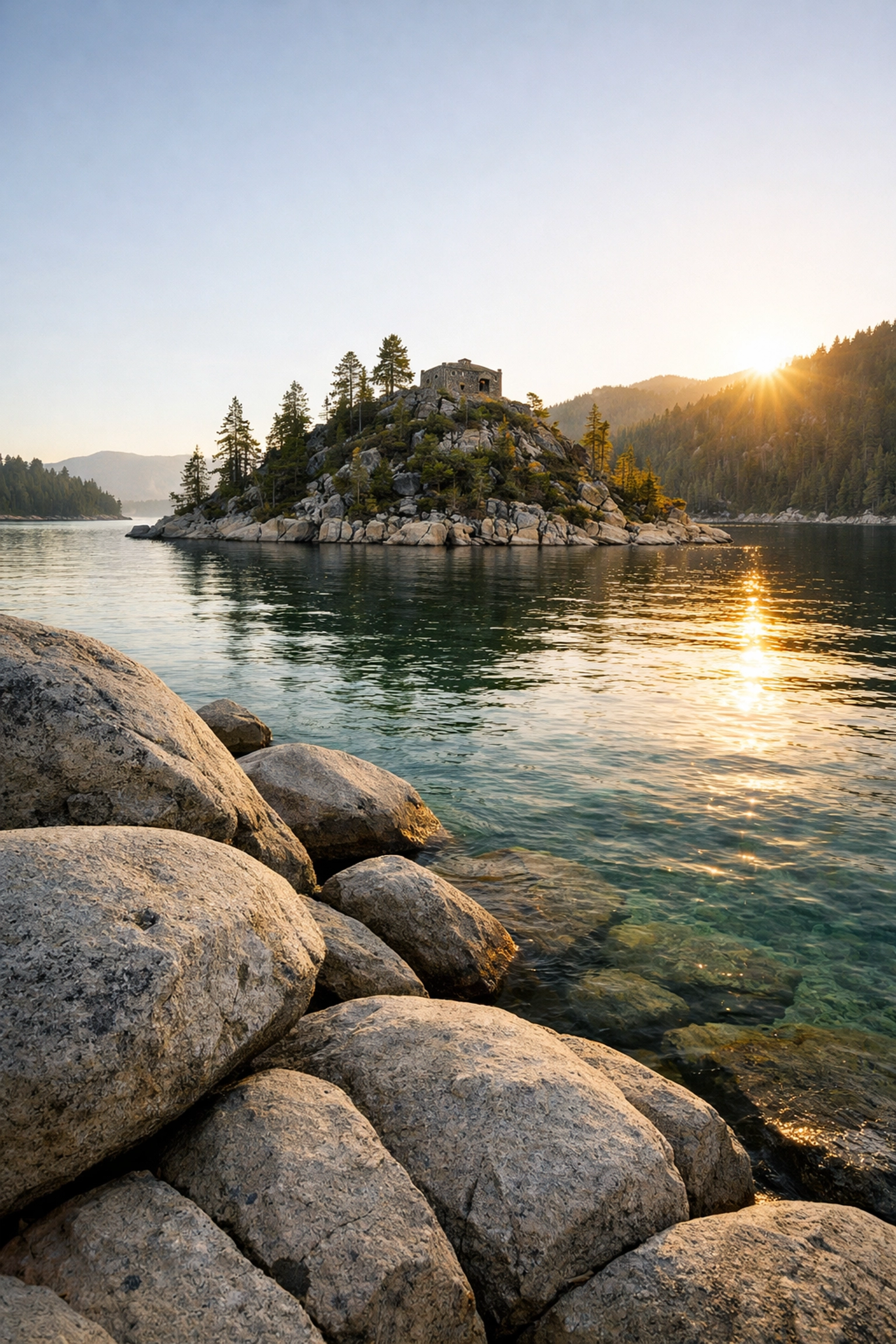 Sunrise at Emerald Bay with shoreline rocks as leading lines toward Fannette Island, a top photo spot in Lake Tahoe.