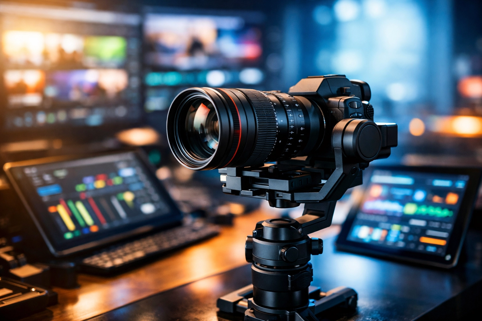 Professional media production equipment displaying multi-platform marketing analytics for ROI tracking.