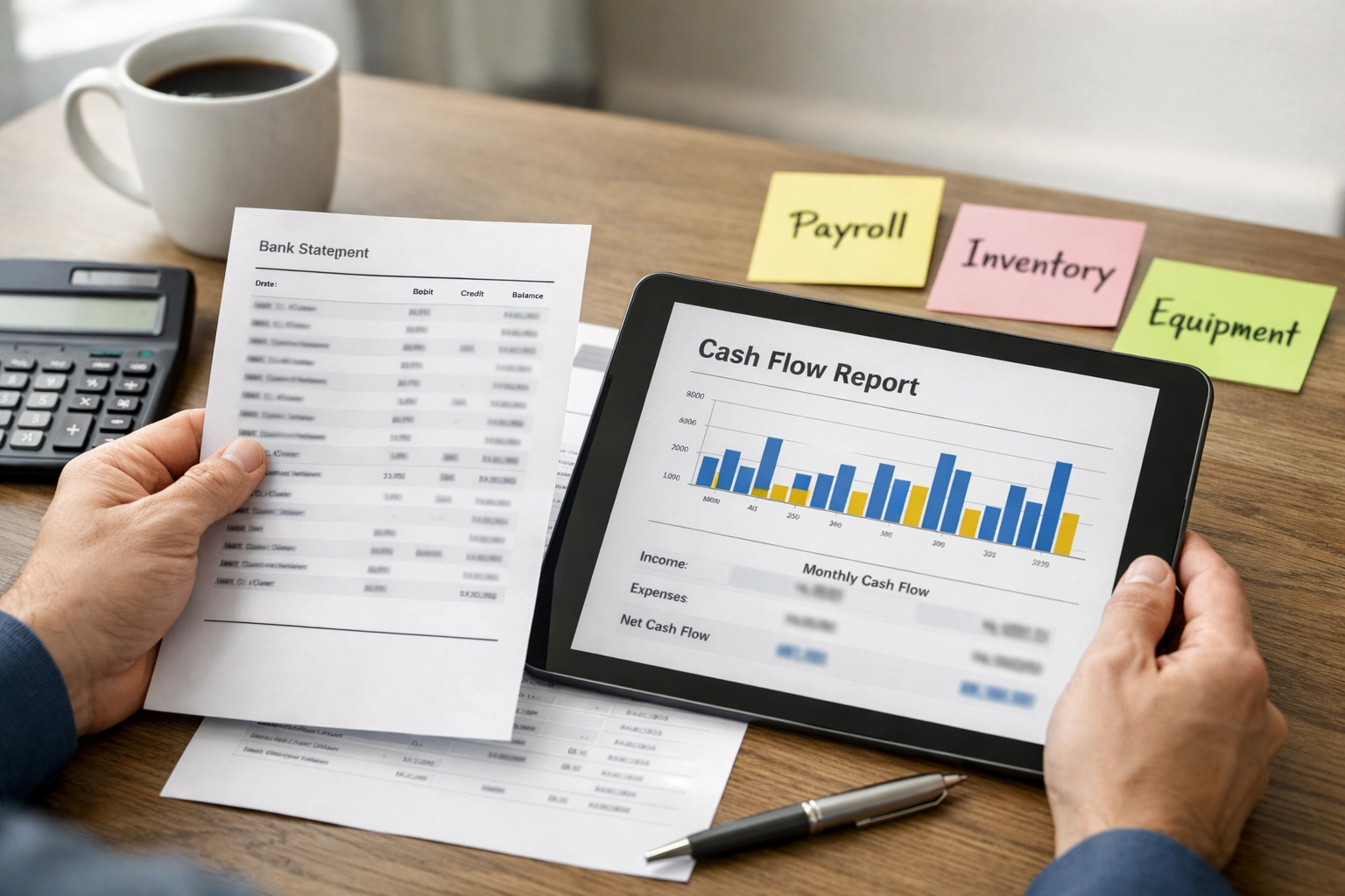Hands reviewing cash flow and bank statements on a tablet
