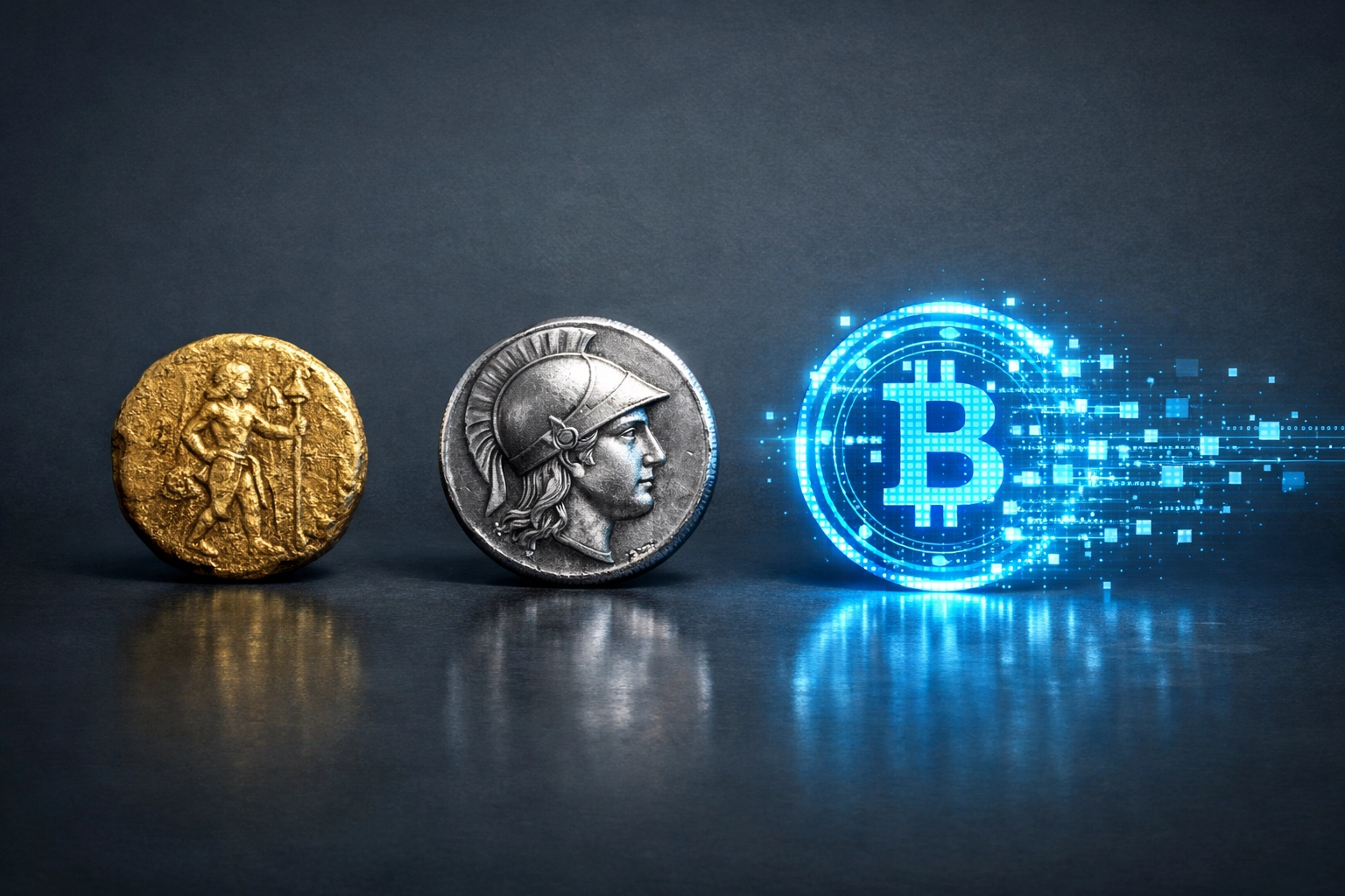 Evolution of currency from ancient gold coins to digital data, illustrating long-term financial growth.