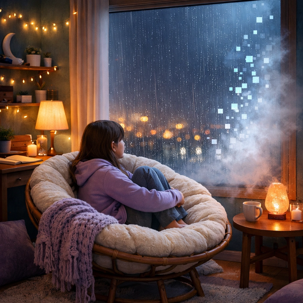 A teenage girl in a cozy, peaceful room, reflecting a safe space for mental health and teen counseling.