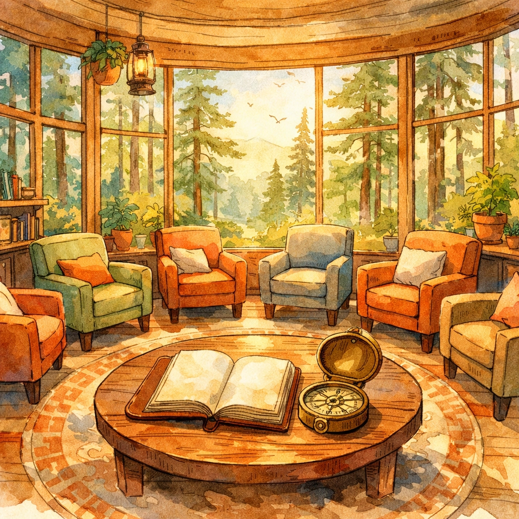 A cozy, sun-drenched room with a journal, representing The Belonging Room and the start of a personal soul journey.