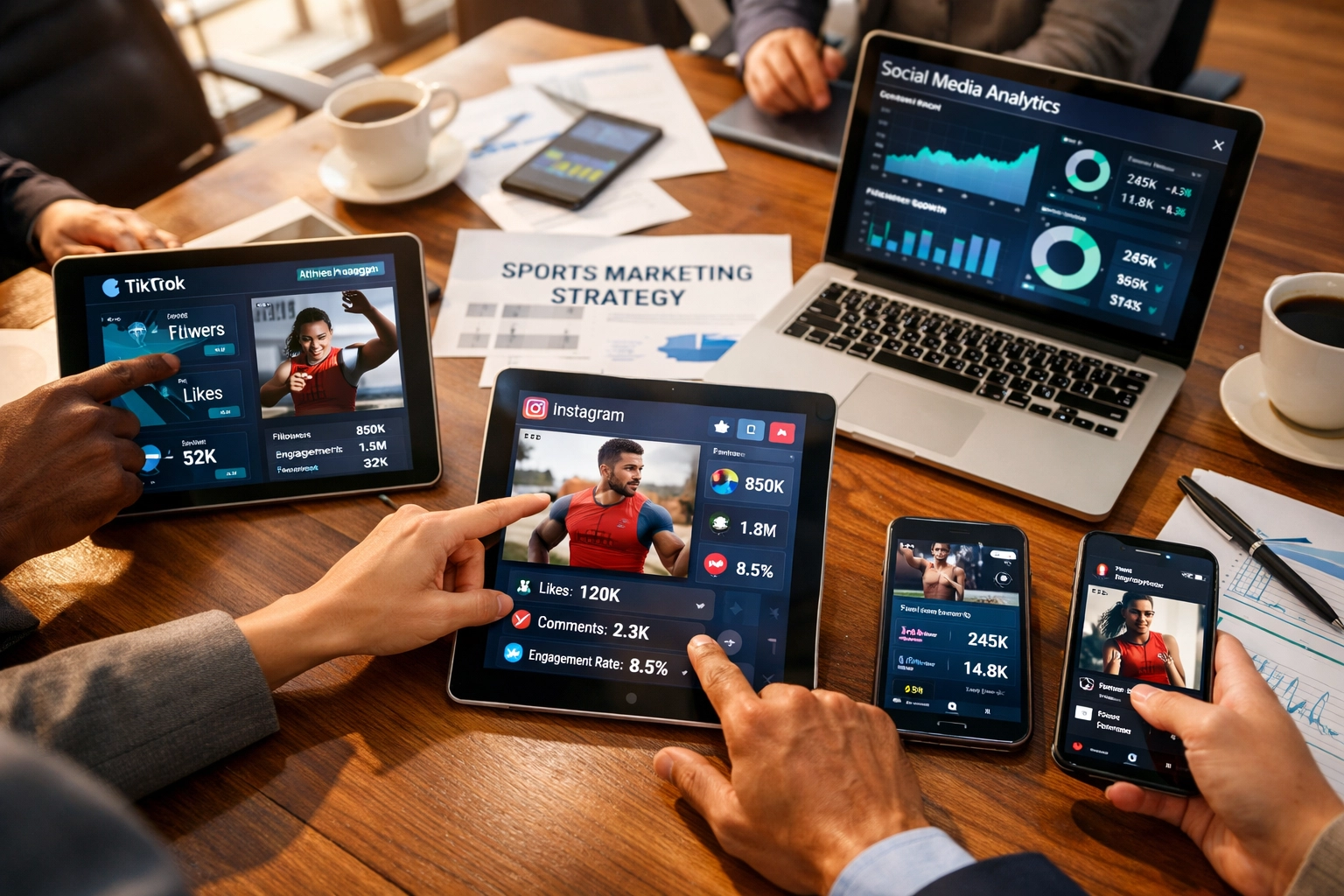 Sports marketing team analyzing NIL athlete social media campaigns and Super Bowl advertising strategy