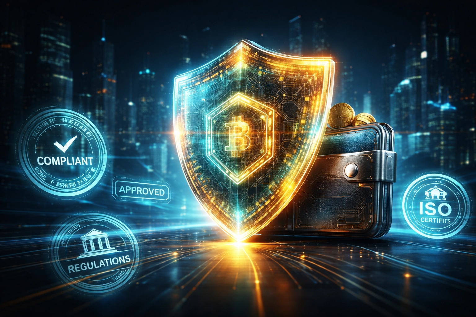 A digital shield symbolizing regulatory compliance and secure crypto payments for US businesses in a futuristic cityscape