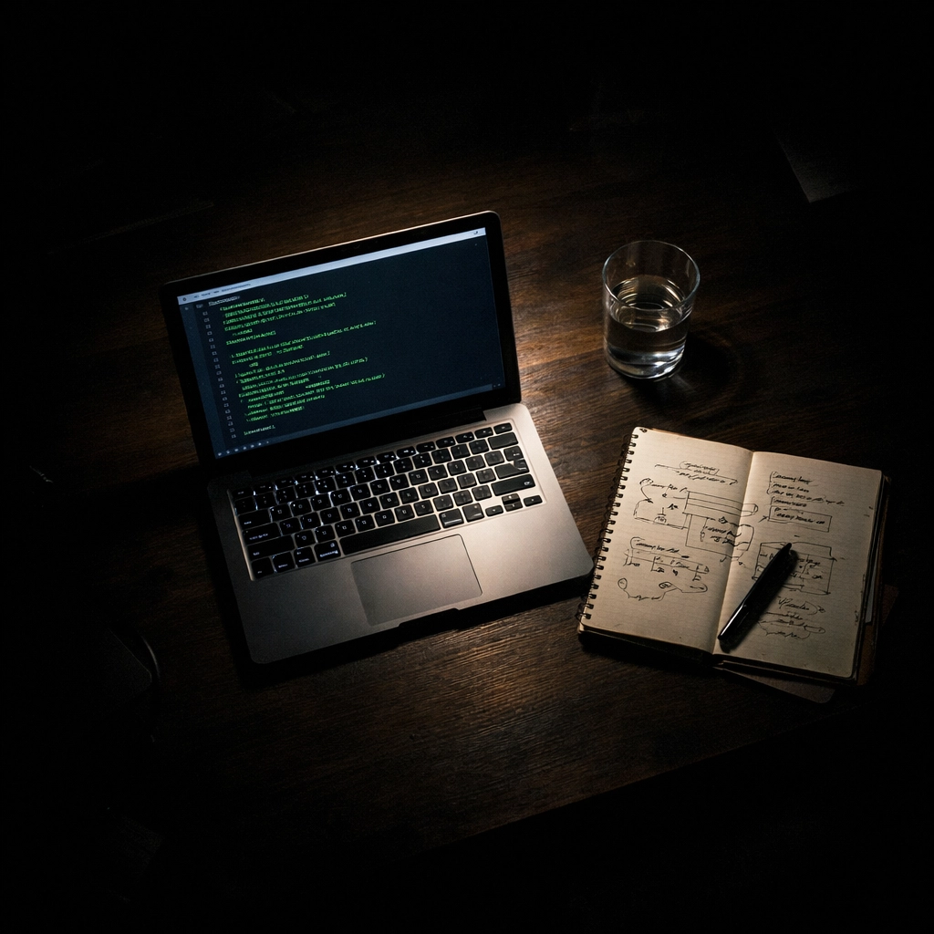 Dark minimalist workspace of a startup founder focused on building outbound sales processes.