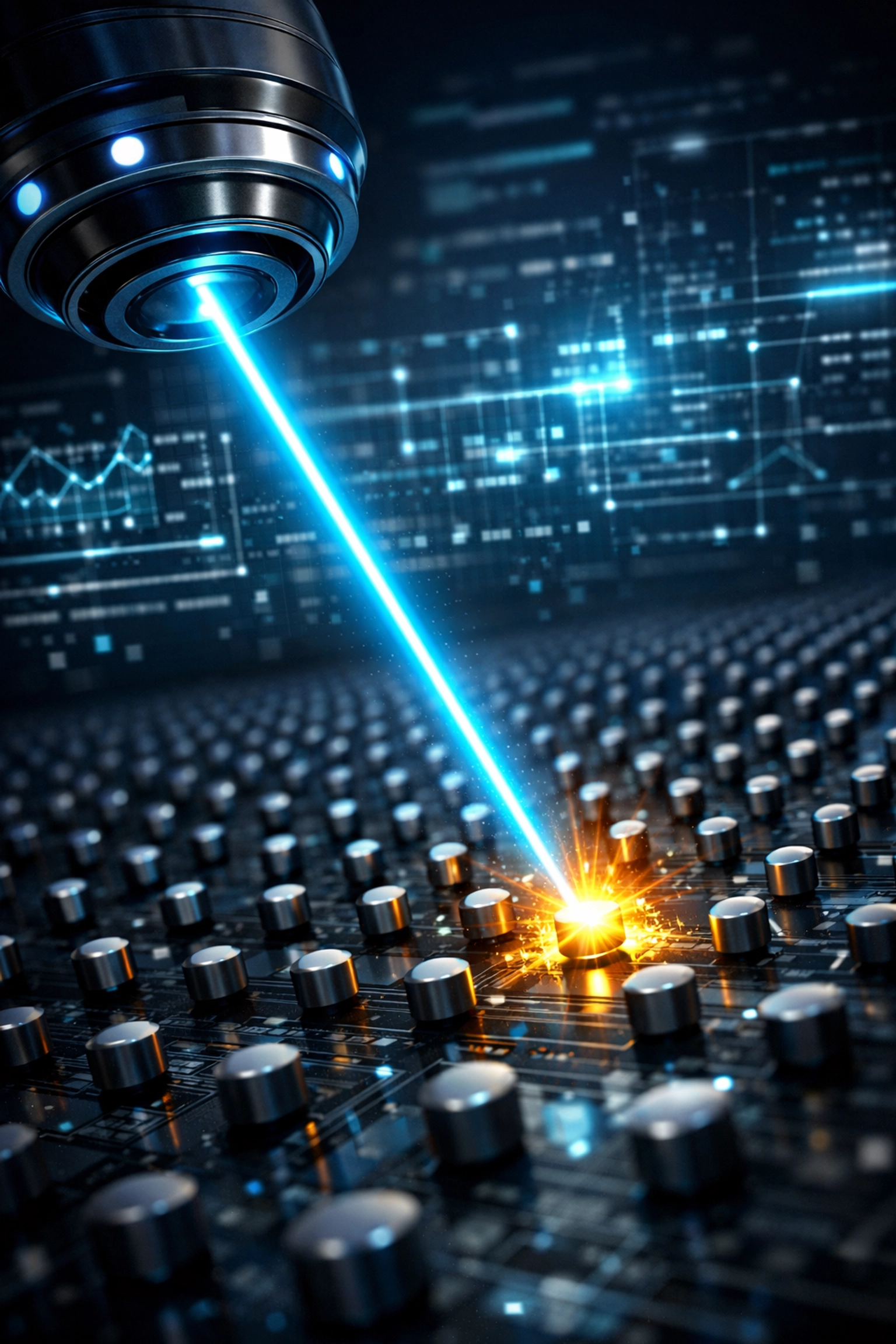 Blue laser beam selecting a high-value lead from a digital database for targeted AI sales prospecting.