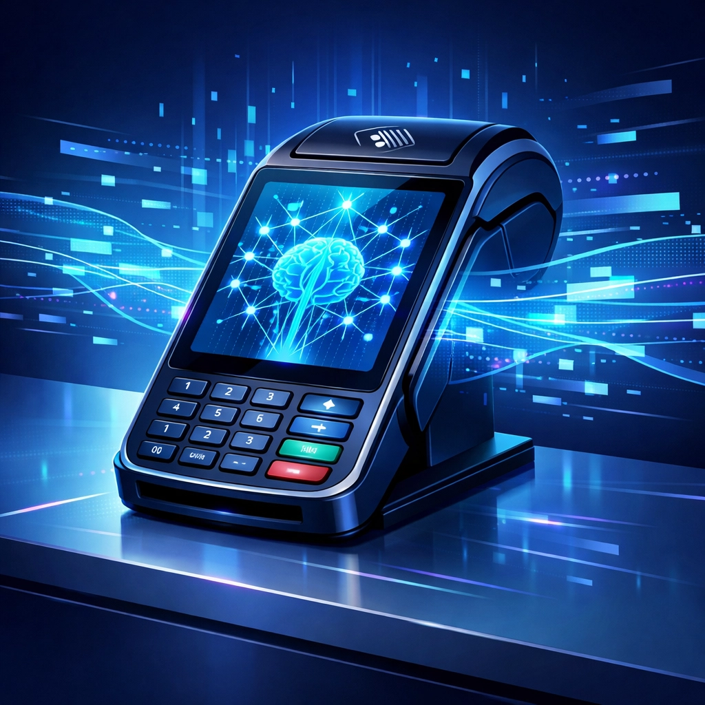 AI-powered POS terminal with neural network displaying autonomous intelligence and data automation