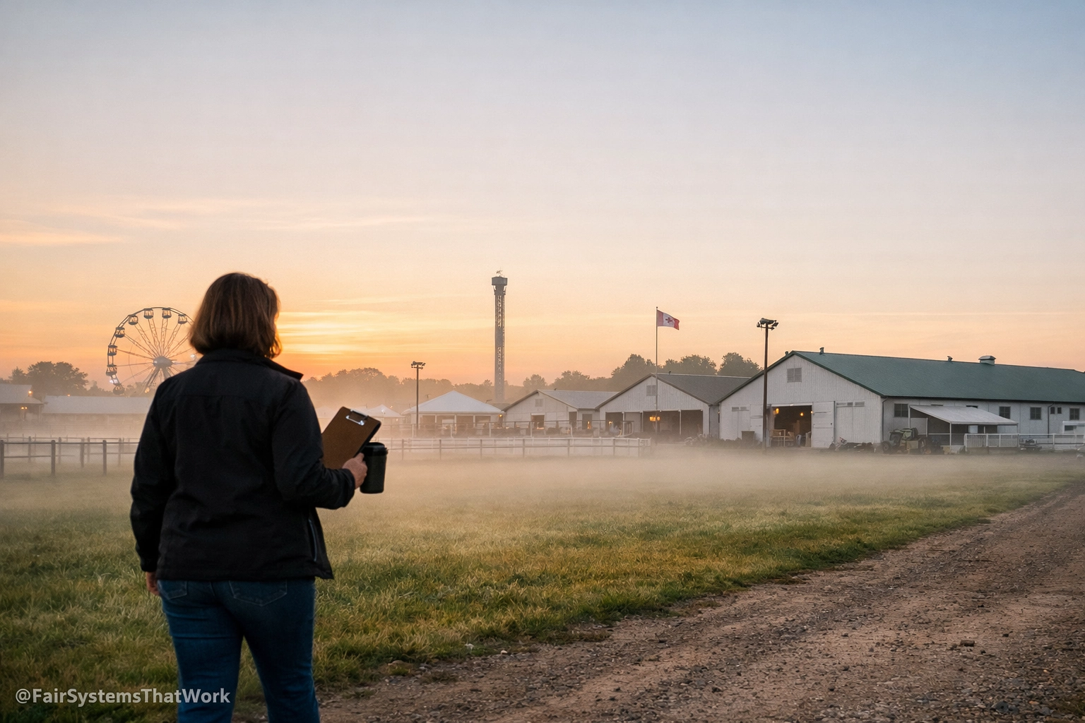 Fair board member with a clipboard walking toward barns at a misty agricultural fairground.
