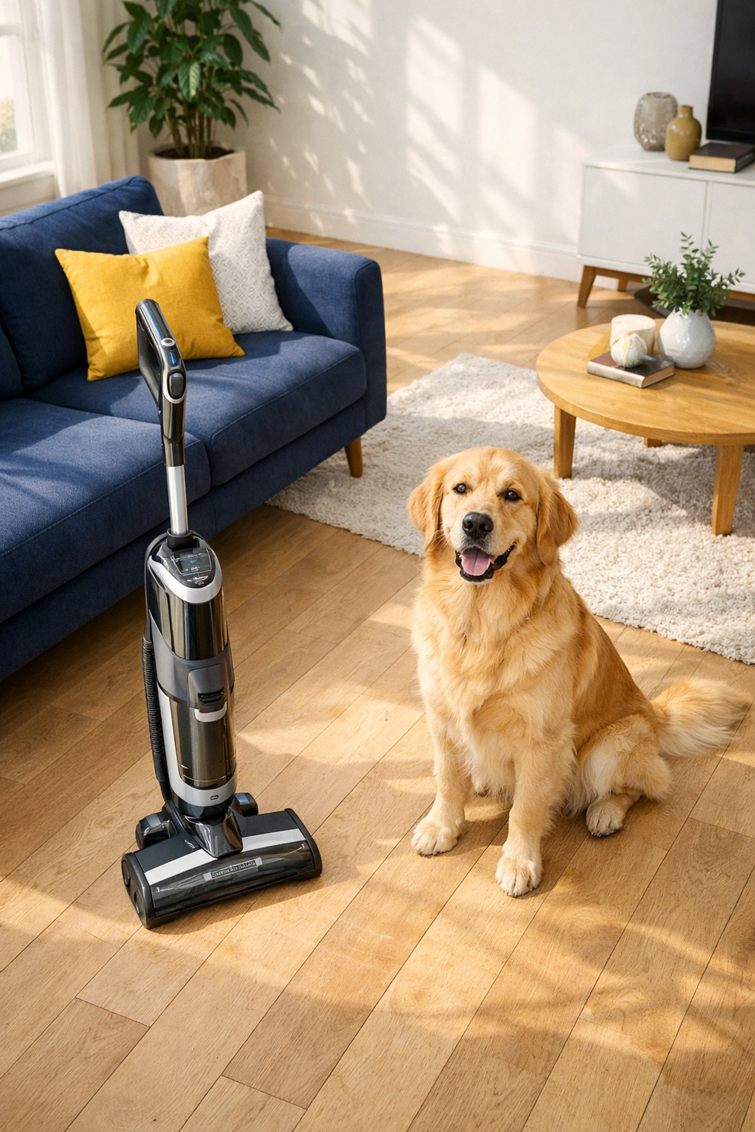Clean living room with a Golden Retriever and vacuum, part of The Cleaning Ninjas general cleaning routine.
