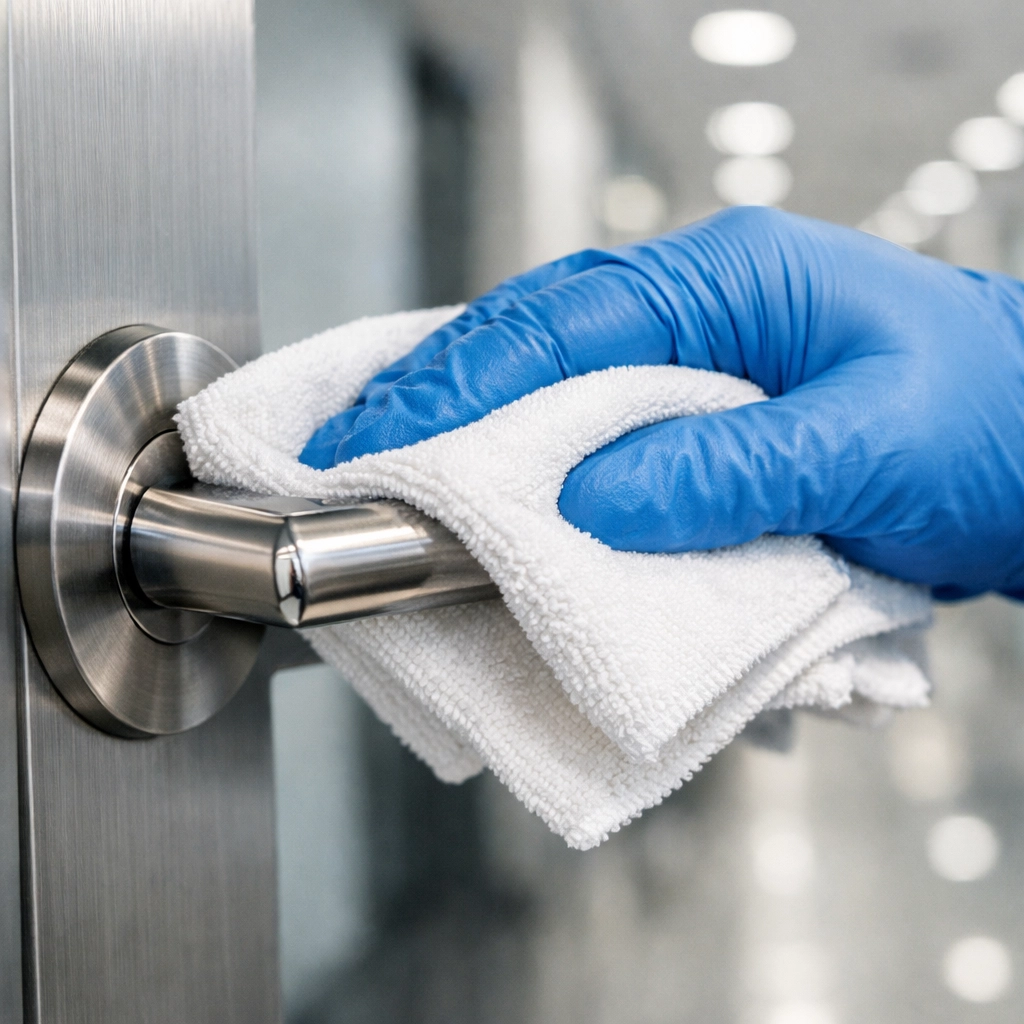 Professional office cleaning Worcester expert sanitizing a high-touch door handle in a corporate building.