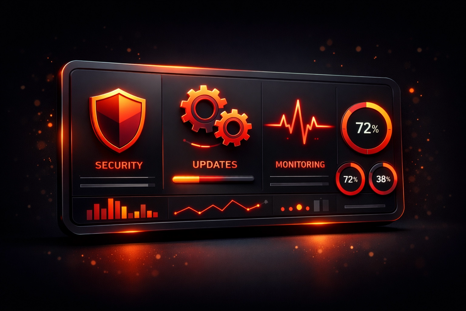 Website maintenance dashboard displaying security updates, backups, and performance monitoring