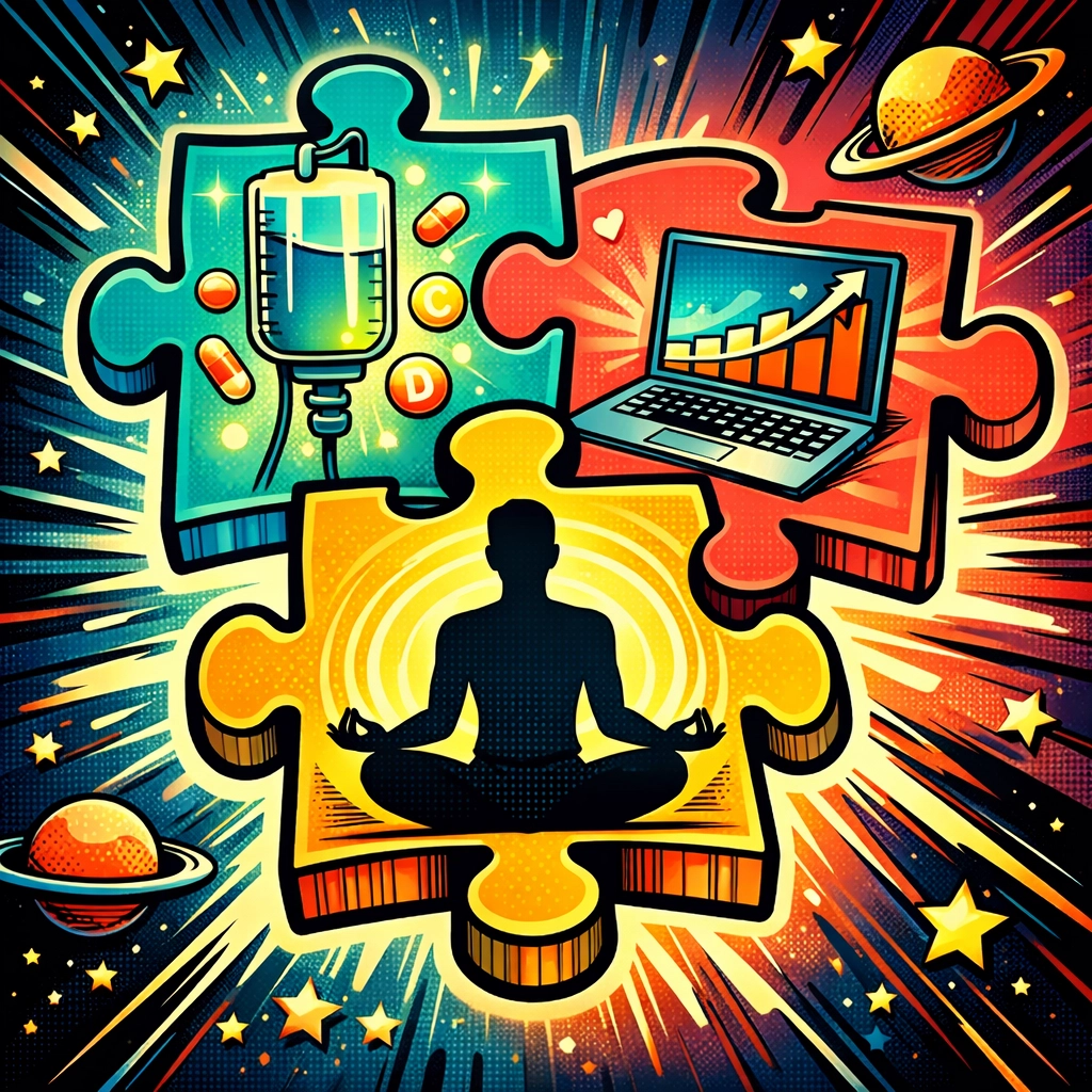 Three interconnected puzzle pieces showing IV therapy, meditation, and business success representing holistic wellness