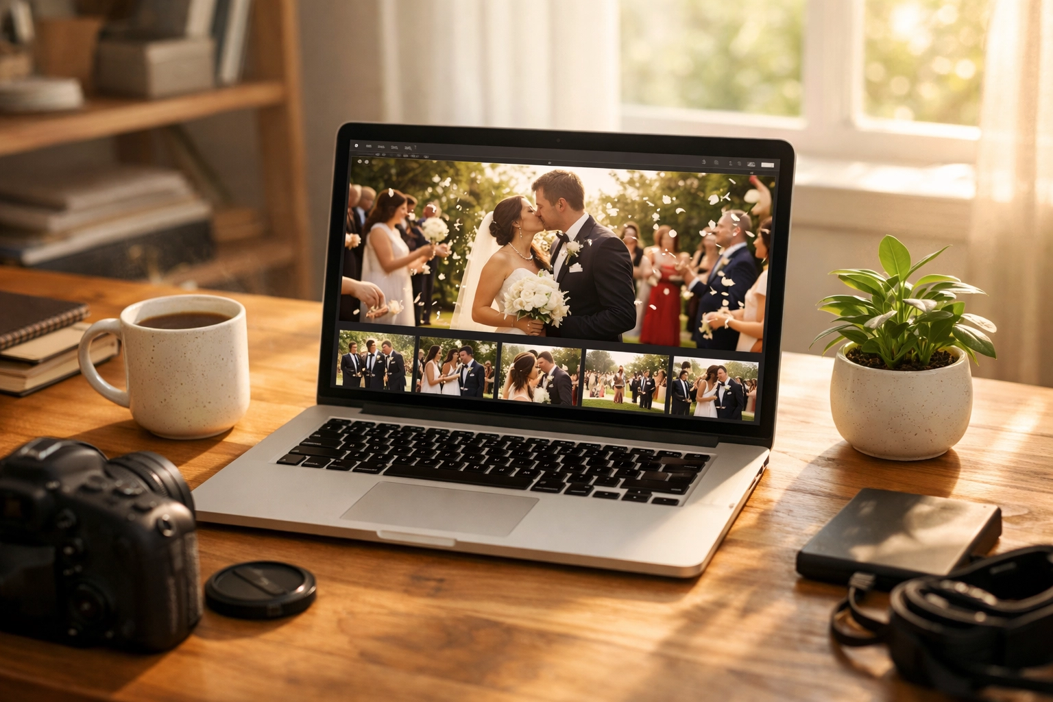 Modern workspace with a laptop displaying a wedding photo gallery for a seamless photography booking experience.