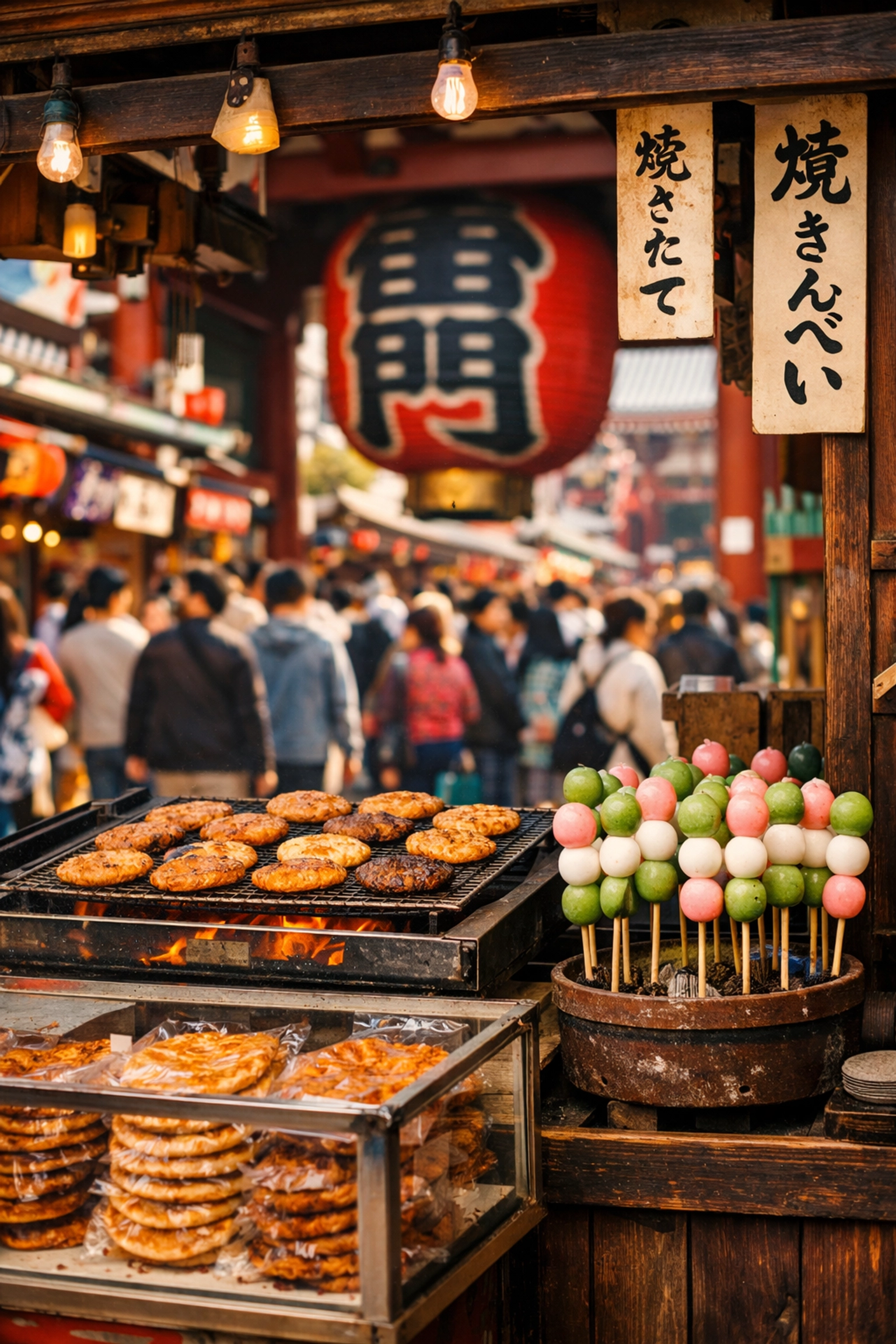 Traditional street food at Senso-ji Temple in Asakusa, a historic Tokyo photography spot.