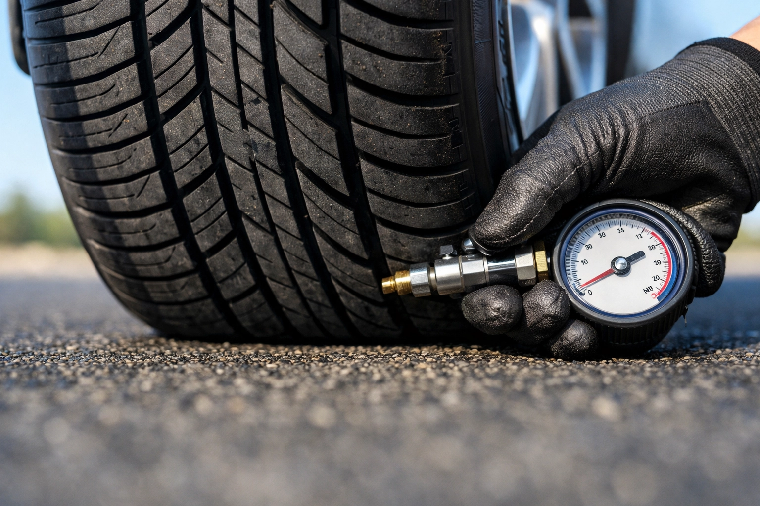 Mechanic at a tire shop in Bonne Terre, MO checks tire pressure to prevent uneven tread wear.