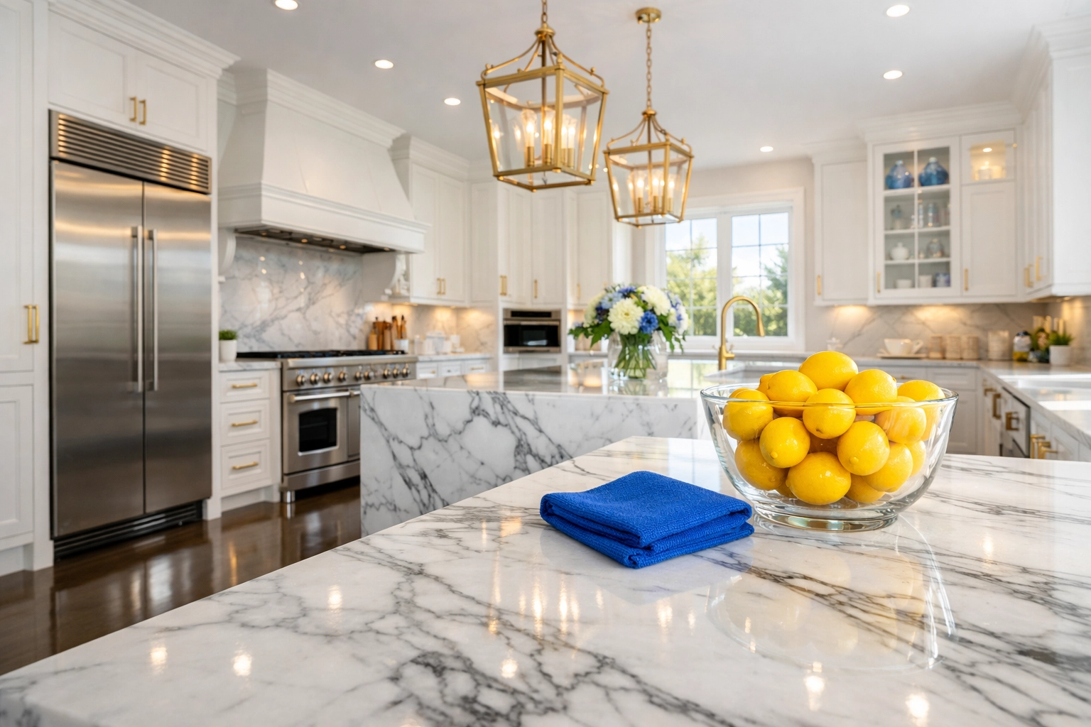 Sun-drenched luxury kitchen in a Hamilton estate featuring professional luxury house cleaning in Hamilton.