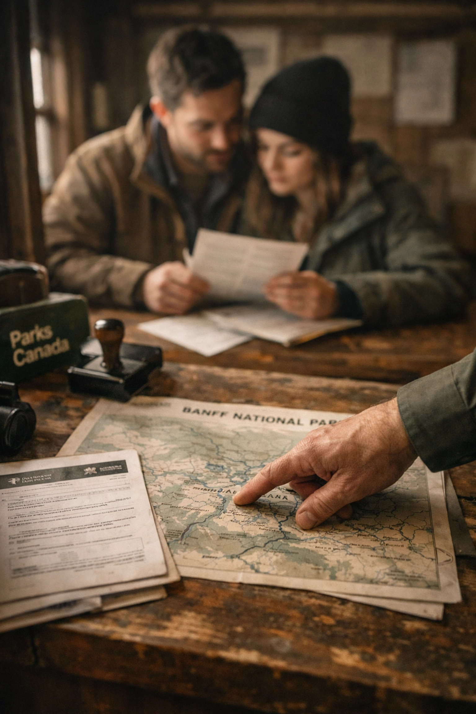 Couple reviewing Parks Canada wedding permit documents for Banff ceremony planning