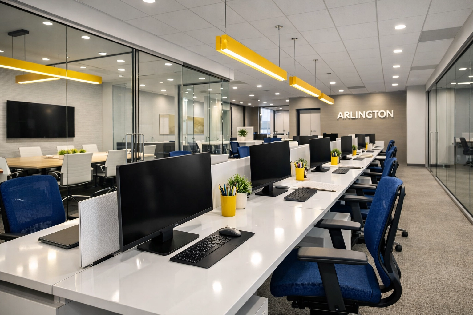 Sanitized modern office workspace in Arlington with polished surfaces and clean glass walls for a productive environment.