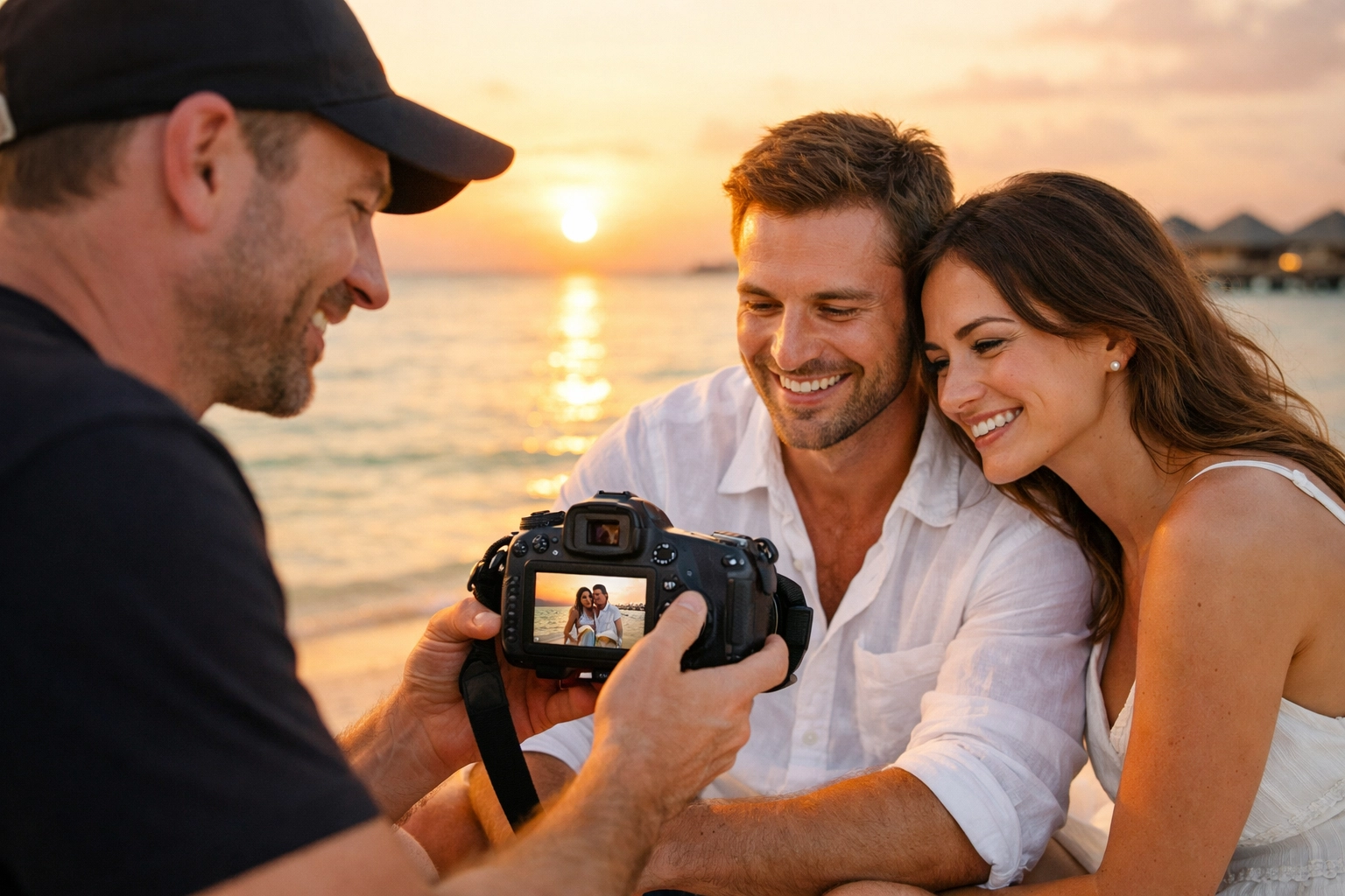 Travel photographer delivering a high-quality photo experience to a couple in the Maldives.