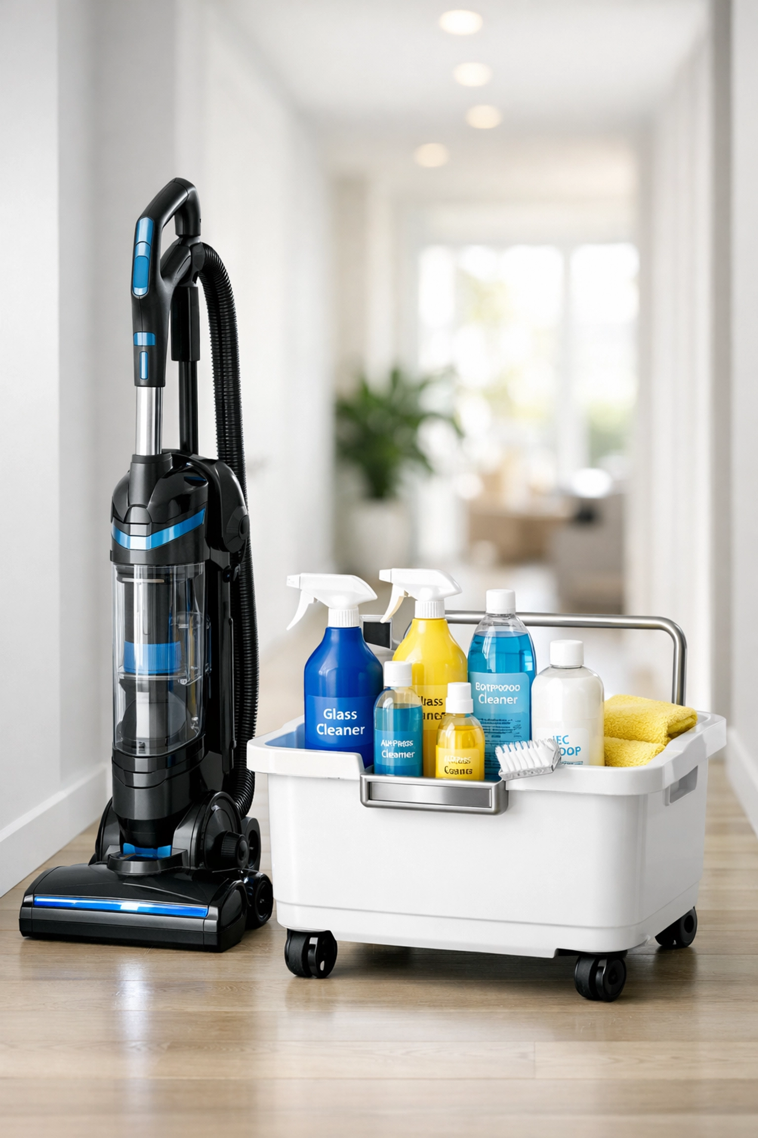 Professional cleaners MA equipment and eco-friendly supplies staged for a detailed Apartment Cleaning Massachusetts.