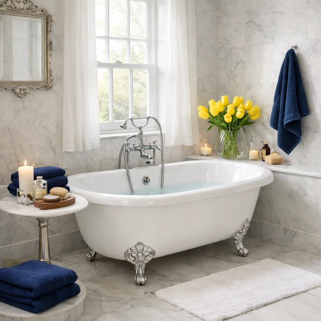 Spotless marble bathroom and clawfoot tub highlighting luxury house cleaning standards in Winchester.