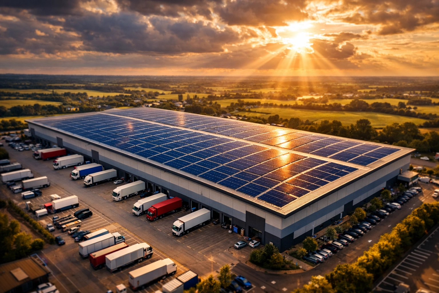 Aerial view of a UK industrial warehouse with commercial solar panels installed on the roof