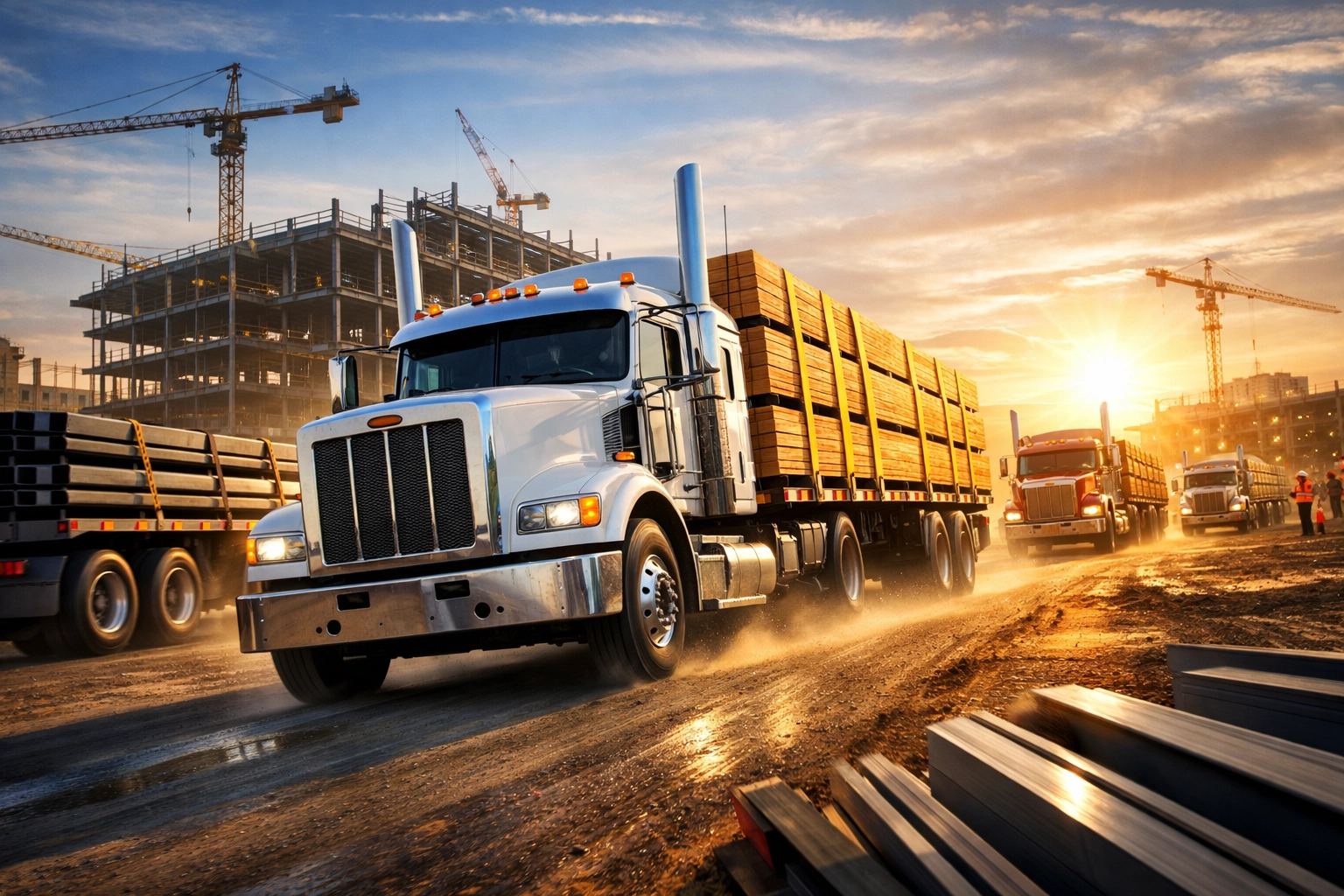 Material delivery trucks at a commercial job site, showing the impact of flexible contract financing companies.