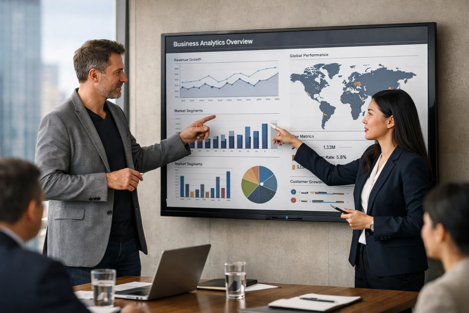 Strategic consulting experts analyzing media asset performance on a digital data dashboard.