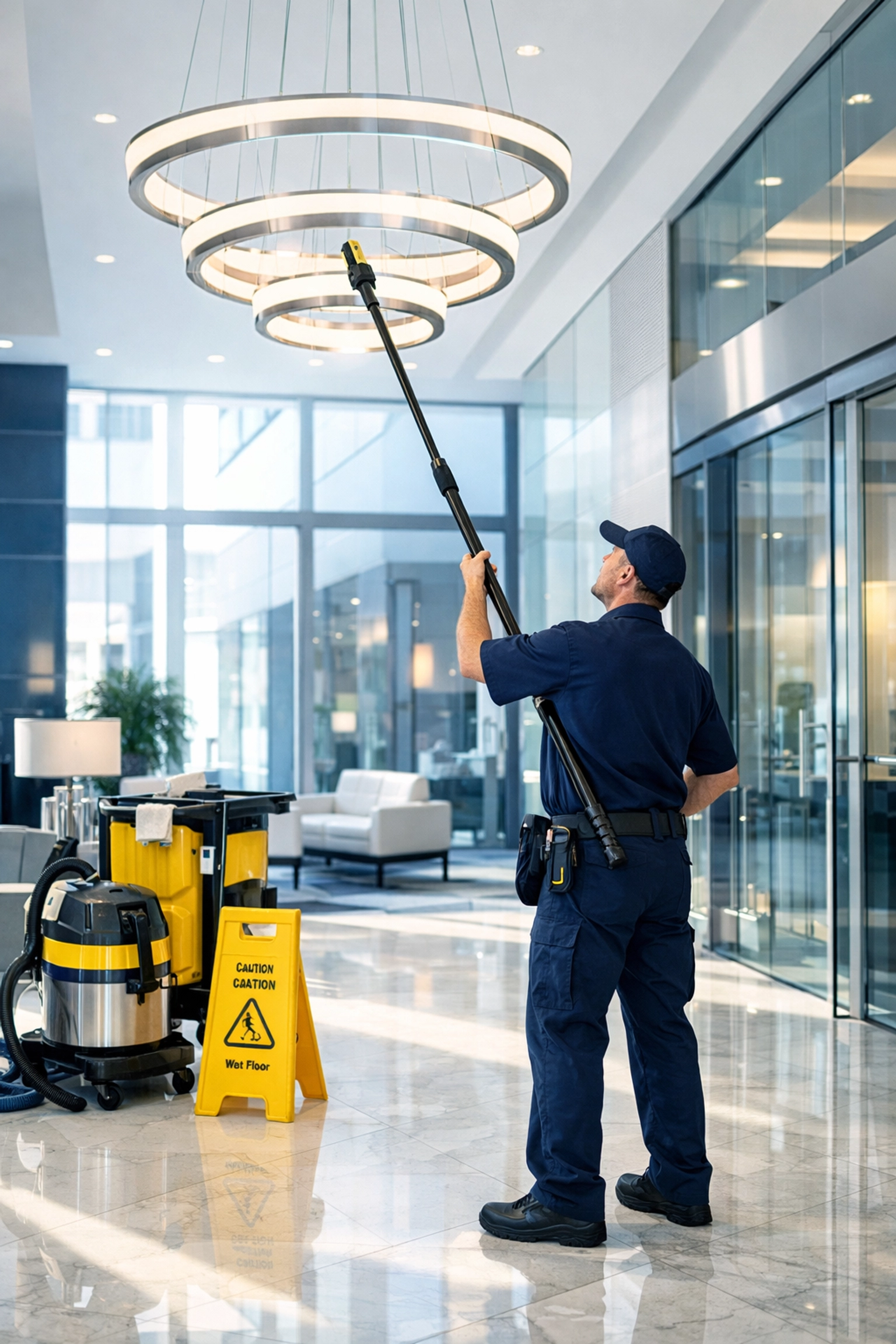 Professional commercial deep clean in a Chicopee office lobby featuring high-reach dusting.