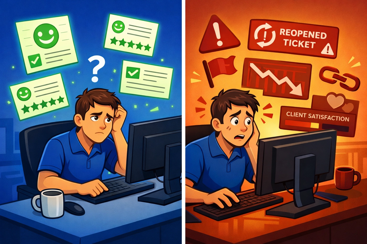 MSP technician reviewing positive ticket surveys while missing hidden client churn warning signs