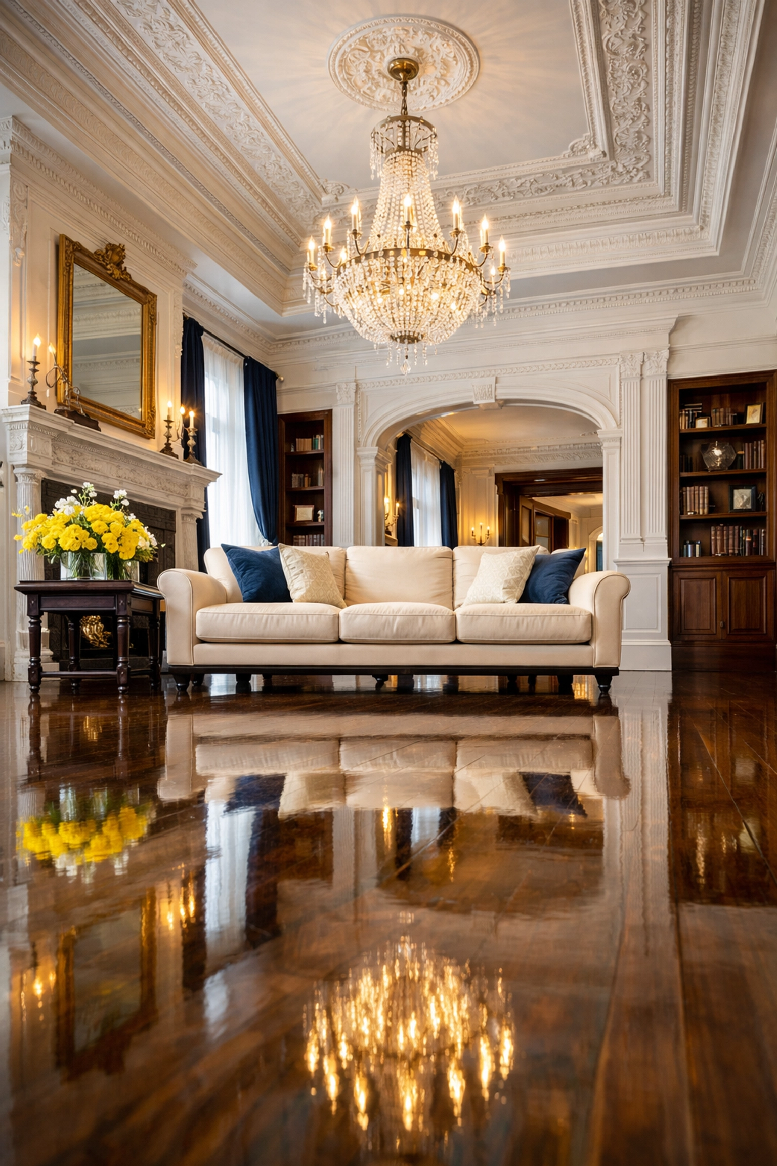 Professional deep house cleaning Cambridge MA in a grand Harvard Square historic estate living room.