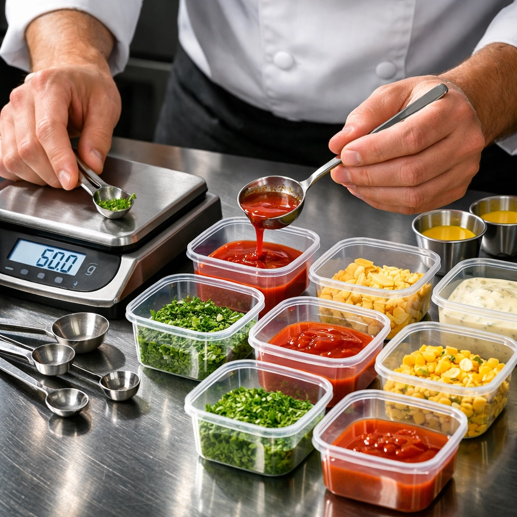 Chef using portion control tools to measure ingredients for mise en place