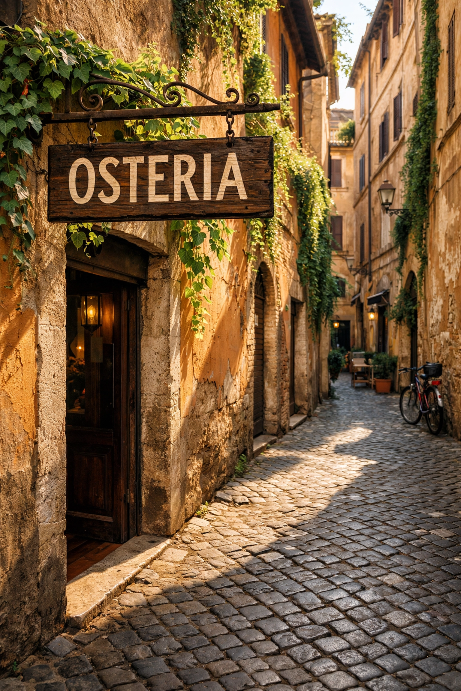 Traditional Roman osteria sign in a sunlit alleyway, a key spot for finding the best cheap eats in Rome.