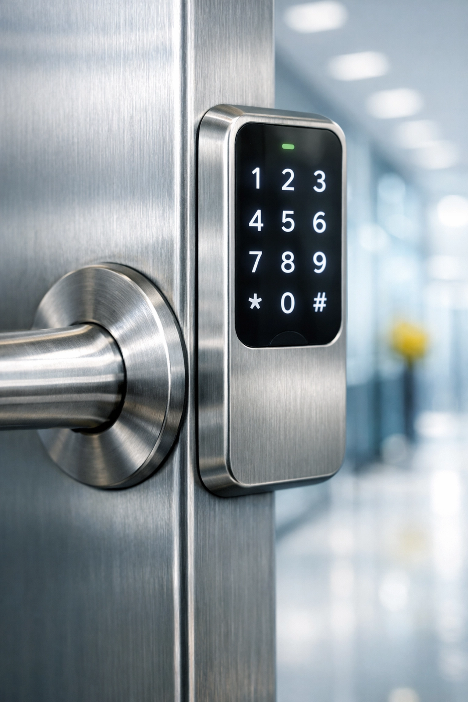 Sanitized metal door handle and keypad in a clean professional workspace for Office Cleaning Milford.